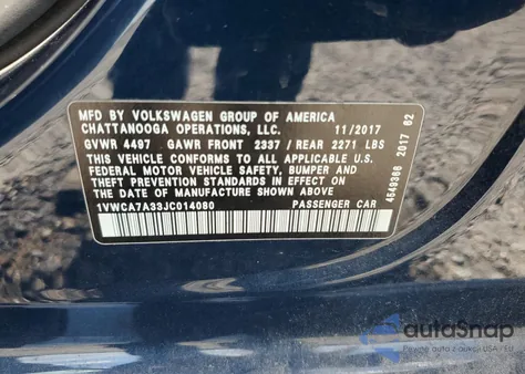 2018 Volkswagen Passat Sel Premium из США, поврежденный, VIN 1VWCA7A33JC014080